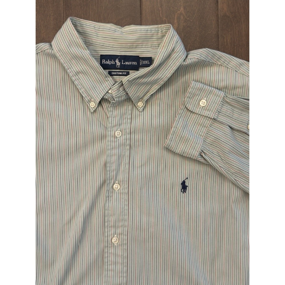 VTG Polo Ralph Lauren Custom Fit Shirt Mens Size 2XL Button Up Green Stripe Pony